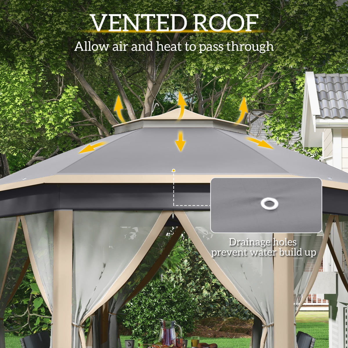 Gazebo double roof with raised vent and drainage hole detail