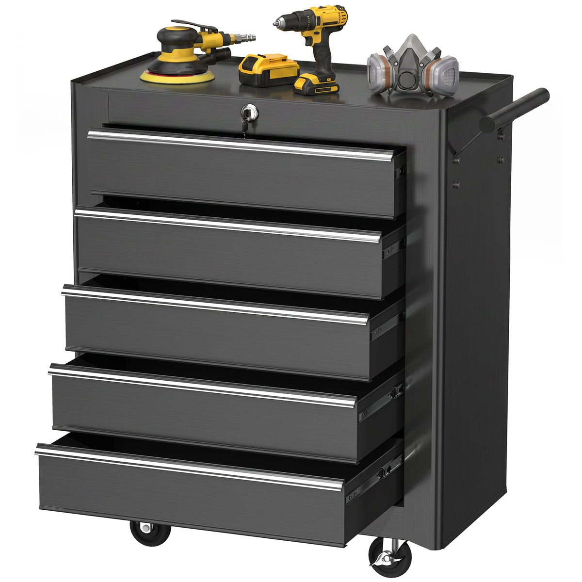 Black HOMCOM five-drawer tool chest with wheels, side handle and lock