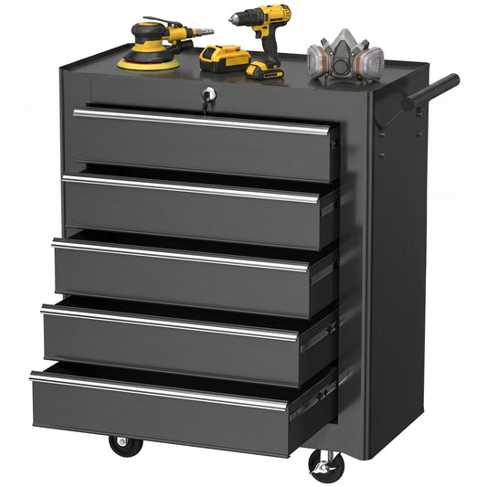 Black HOMCOM five-drawer tool chest with wheels, side handle and lock