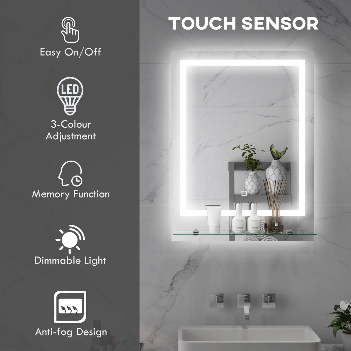 Illuminated bathroom mirror with touch sensor, dimmable light and glass shelf