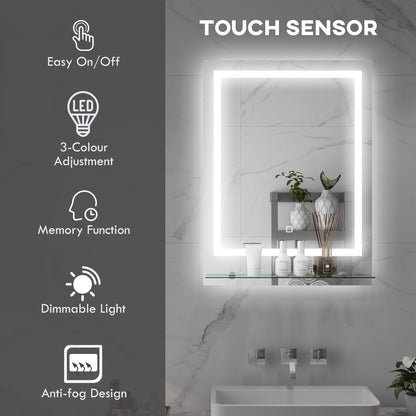 Illuminated bathroom mirror with touch sensor, dimmable light and glass shelf