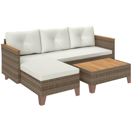 Photo of Outsunny 3 Pieces Rattan Garden Furniture Set, L Shaped Garden Conversation Chaise Lounge Furniture with Wood Top Coffee Table and Thick Cushions, Cream in Cream colour on a white background