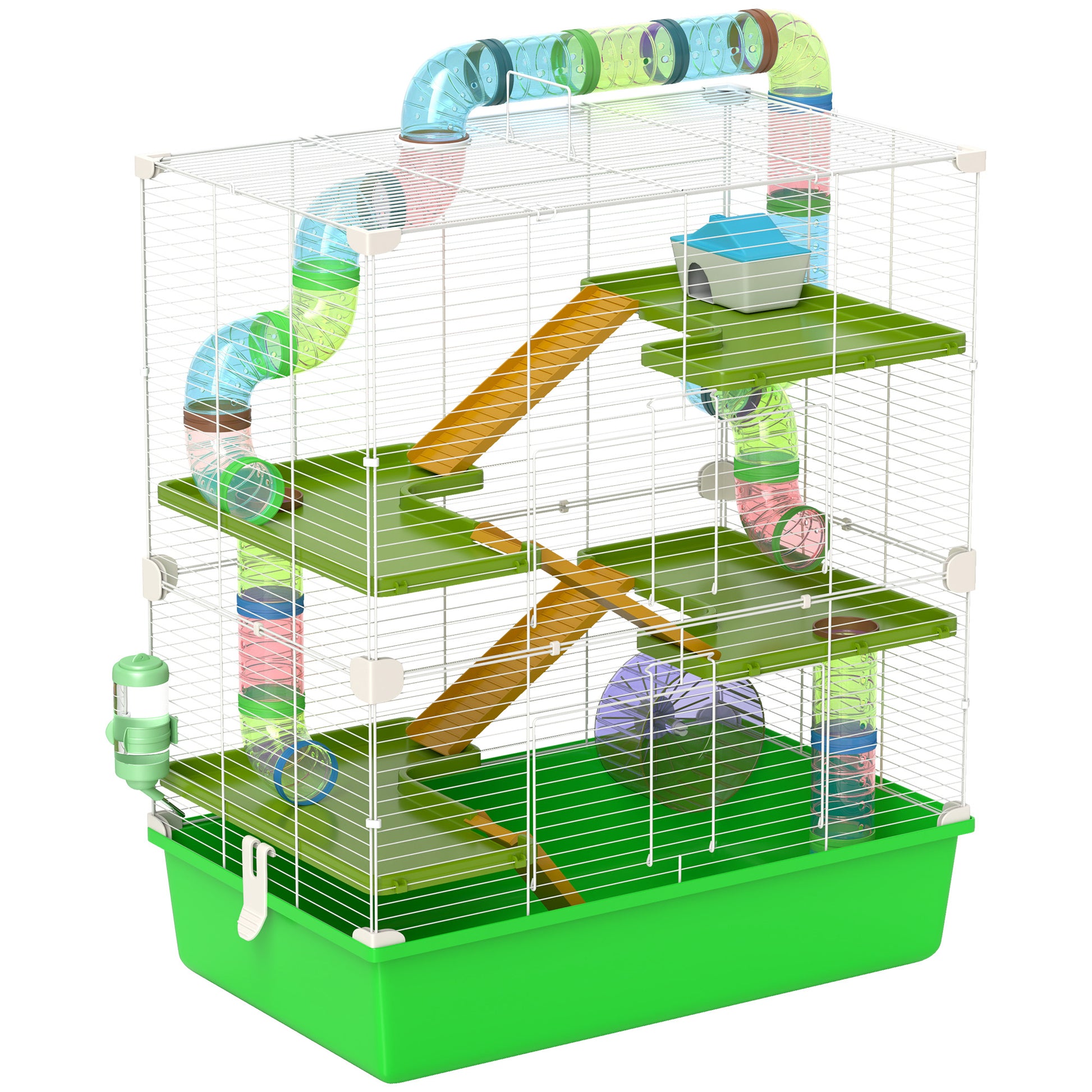 Photo of PawHut Hamster Cage w/ Water Bottle, Exercise Wheel, Tubes, Ramps - Green in Green colour on a white background