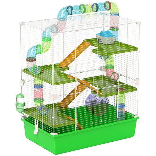 Photo of PawHut Hamster Cage w/ Water Bottle, Exercise Wheel, Tubes, Ramps - Green in Green colour on a white background