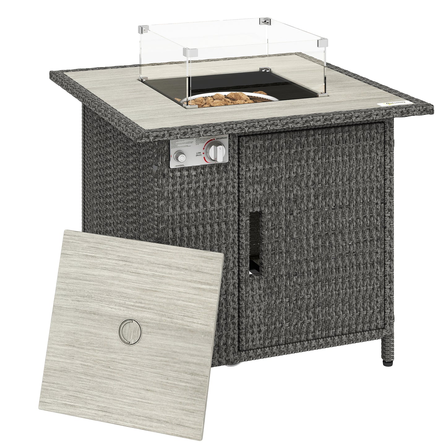 Photo of Outsunny 14.5 KW Rattan Gas Fire Pit Dining Table with Rain Cover, Wind Guard, Lid, Lava Rocks, Dark Grey in Grey colour on a white background