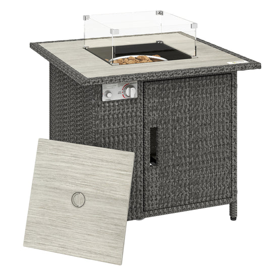 Photo of Outsunny 14.5 KW Rattan Gas Fire Pit Dining Table with Rain Cover, Wind Guard, Lid, Lava Rocks, Dark Grey in Grey colour on a white background