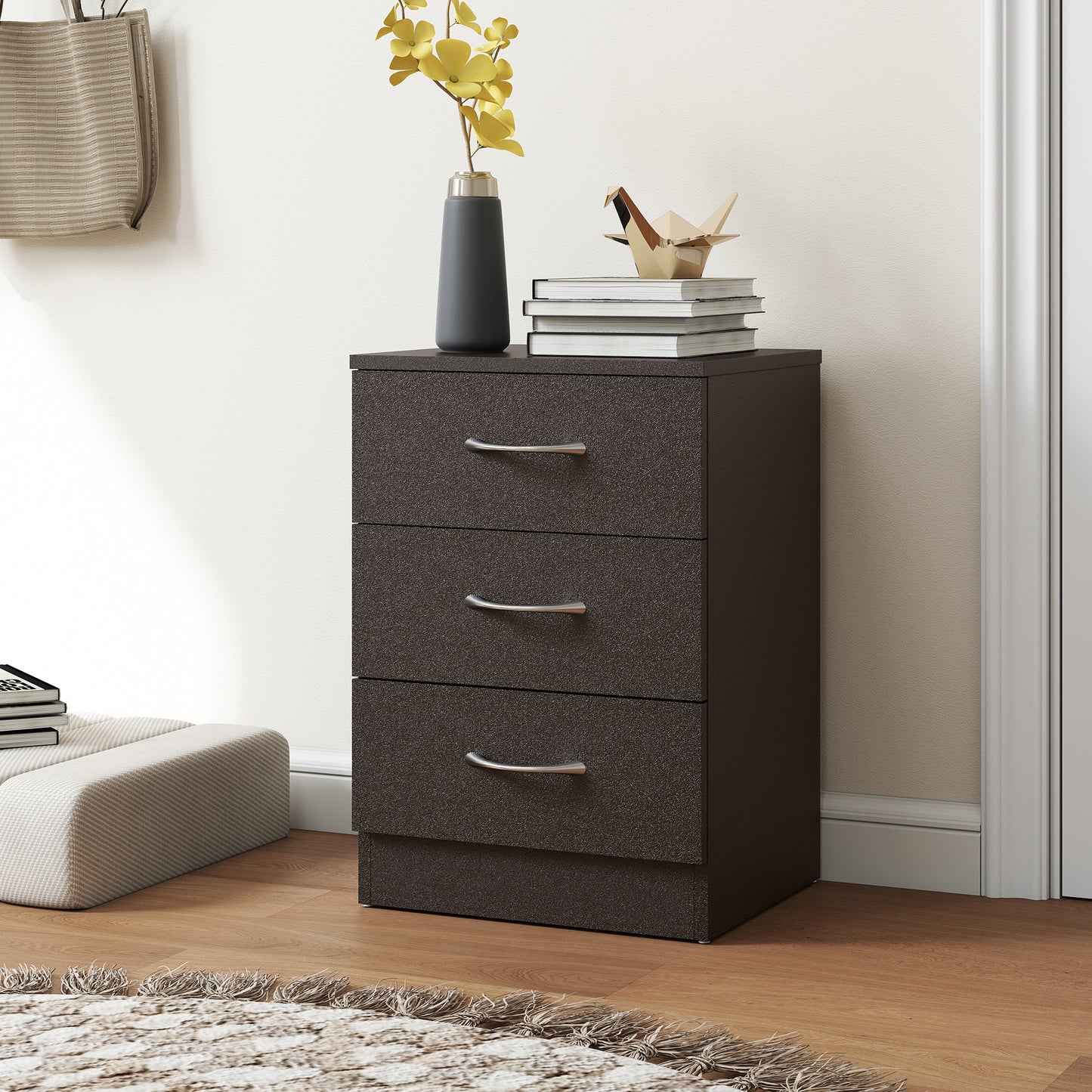 HOMCOM Three-Drawer Simple Bedside Table - Black