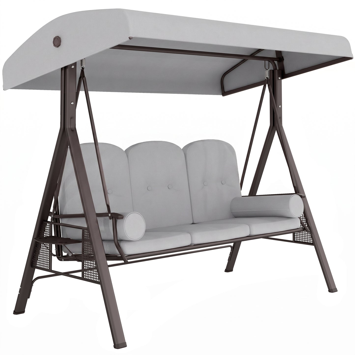 Photo of Outsunny 3 Seater Canopy Swing Chair, Outdoor Garden Swing Seat with Adjustable Canopy, Cushions and Cup Trays, Steel Frame, Light Grey in Grey colour on a white background