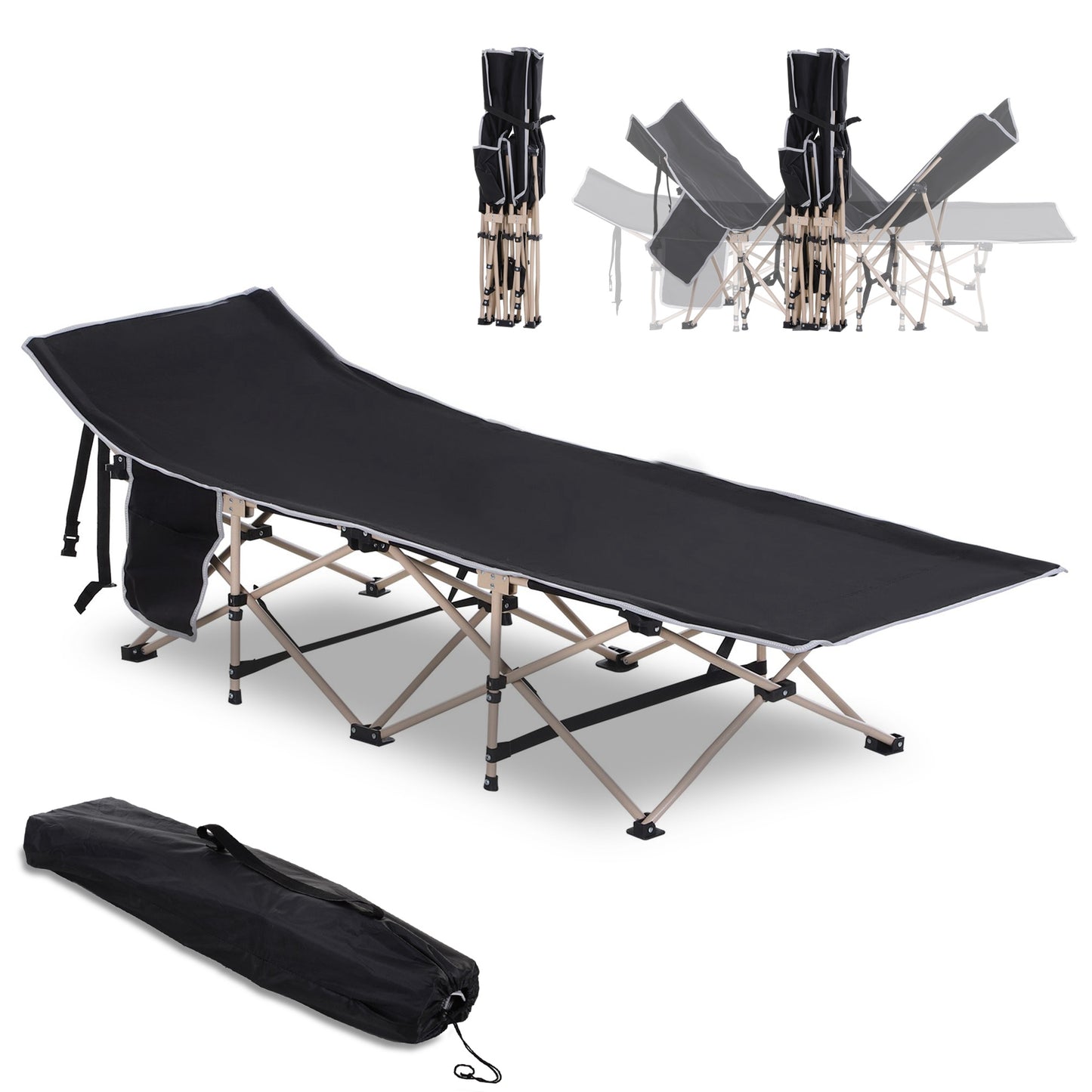 Photo of Outsunny Single Person Camping Bed Folding Cot Outdoor Patio Portable Military Sleeping Bed Travel Guest Leisure Fishing with Side Pocket and Carry Bag - Black in Black colour on a white background