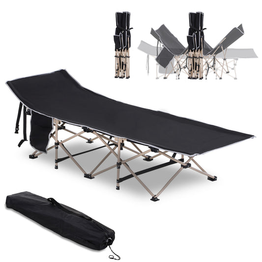 Photo of Outsunny Single Person Camping Bed Folding Cot Outdoor Patio Portable Military Sleeping Bed Travel Guest Leisure Fishing with Side Pocket and Carry Bag - Black in Black colour on a white background