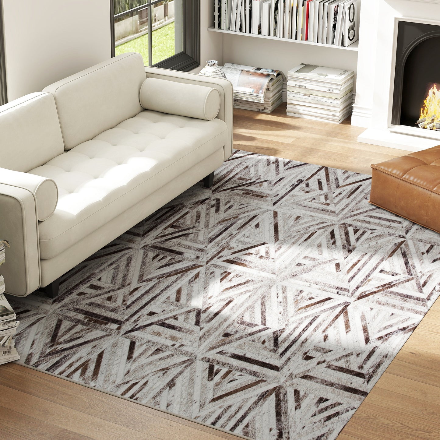 HOMCOM Modern Area Rug, Triangle Pattern Non-Slip Washable Rug, Chenille Floor Carpet for Living Room, Bedroom, Dining Room, Home Office, 290 x 200 cm, Brown