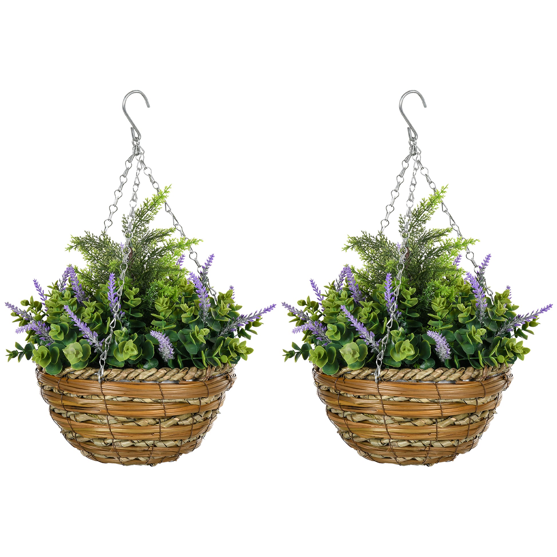 Photo of Outsunny Set of Two Artificial Hanging Lavender Flower Pots - Purple in Purple colour on a white background