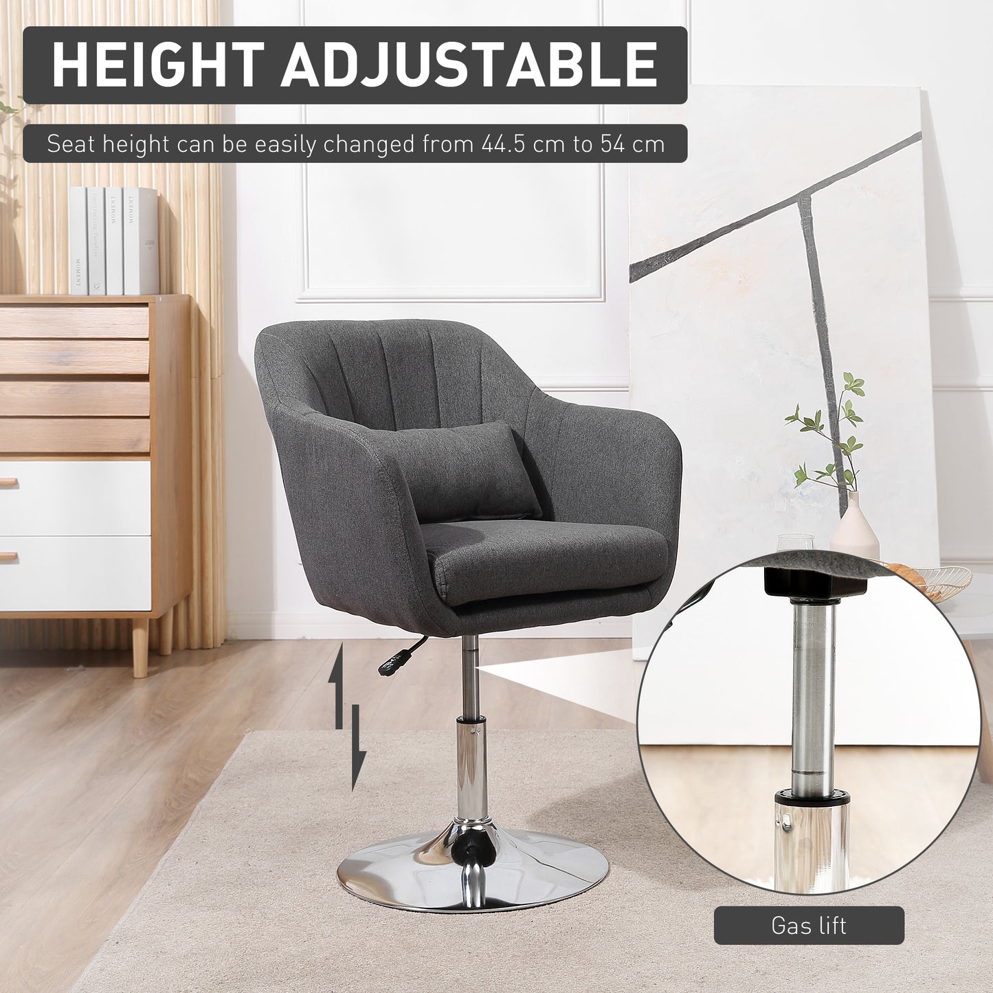HOMCOM Swivel Accent Chair, Linen Fabric Tub Vanity Chair, Modern Armchair with Adjustable Height and Lumbar Support for Living Room Bedroom Salon Make up Room Dressing Table, Dark Grey