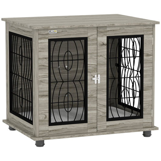 Photo of PawHut Indoor Dog Crate Furniture End Table with Soft Washable Cushion, Lockable Front Door, for Medium Dogs - Black in Black colour on a white background