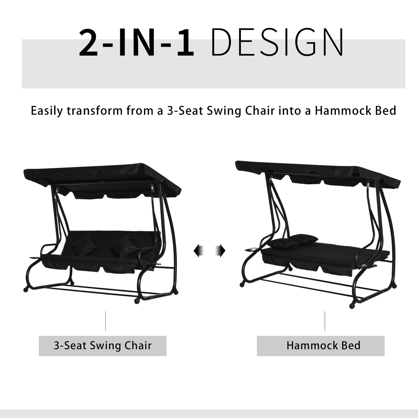 Outsunny Three-Person garden Swing Chair, with Adjustable Canopy - Black