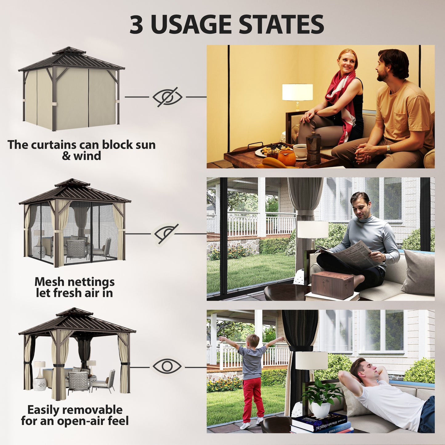 Outsunny 3x3 m Hardtop Gazebo Canopy with UPF50+ Double Galvanised Steel Roof, Aluminium Garden Gazebo Permanent Pavilion, Brown