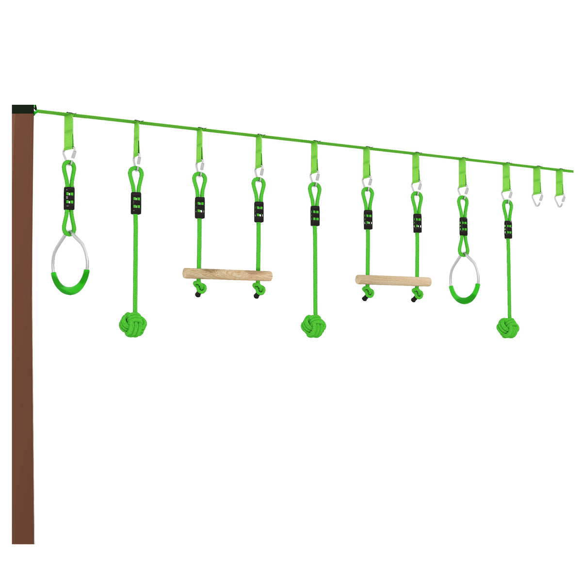 AIYAPLAY kids zip line kit with green rope balls, metal rings, and wooden monkey bars