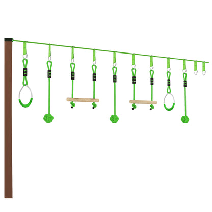 AIYAPLAY kids zip line kit with green rope balls, metal rings, and wooden monkey bars