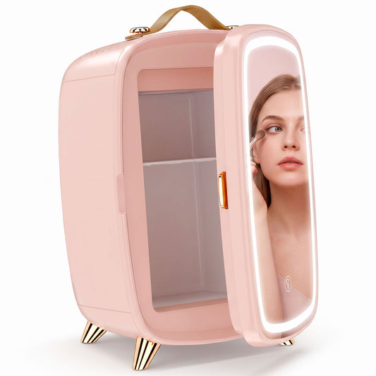 Photo of HOMCOM Skincare Refrigerator, 6L Mini Cosmetic Fridge with LED Mirror, Cooling Function for Bedroom, Skincare, Office, Pink in Pink colour on a white background