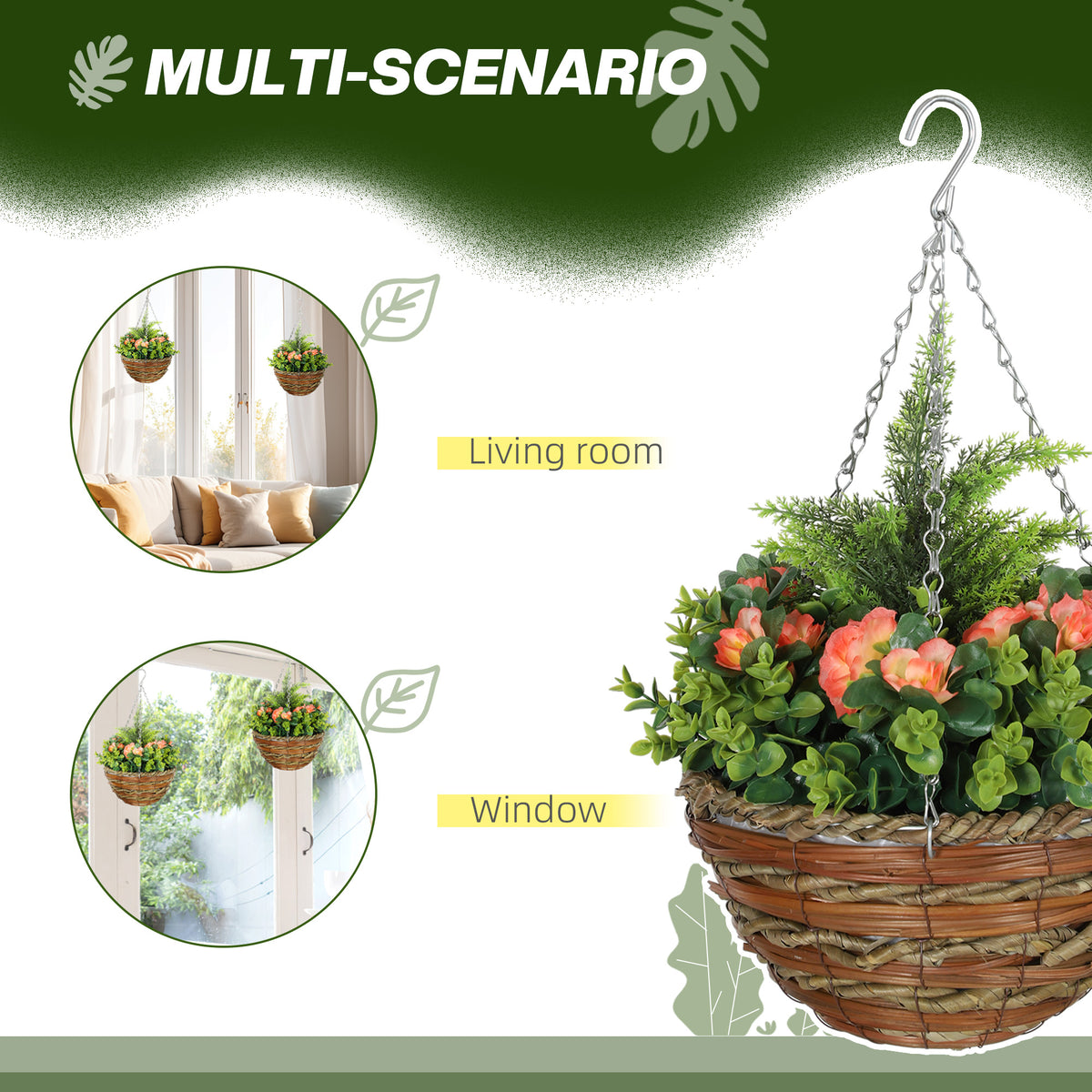 Hanging flower basket with coral blooms, green foliage, chain, and woven pot