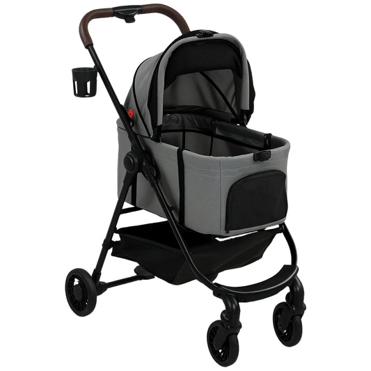 Photo of PawHut Dog Stroller, 3 in 1 Foldable Pet Stroller for Small Puppy Cat with Detachable Travel Carrier, Storage Basket, Grey in Grey colour on a white background
