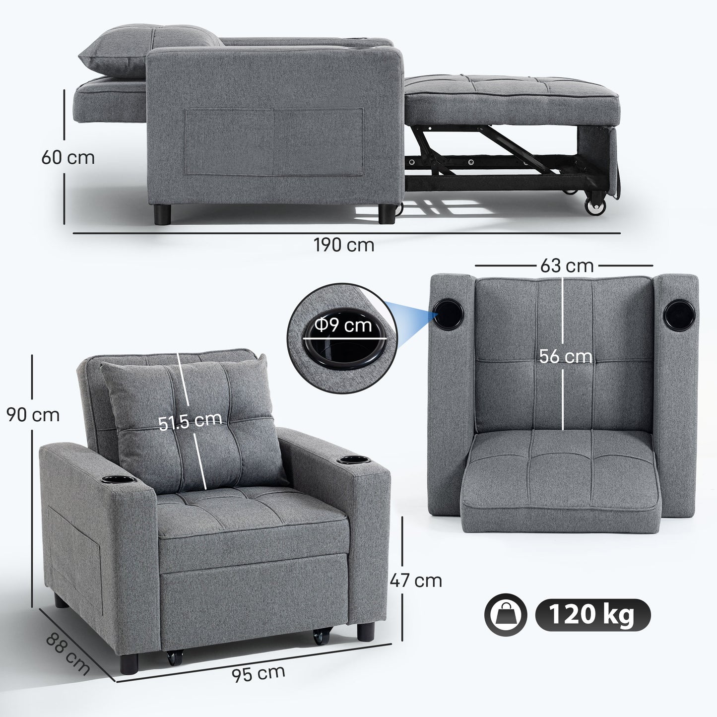 HOMCOM 3-in-1 Single Sofa Bed, Convertible Sleeper Chair Bed - Dark Grey