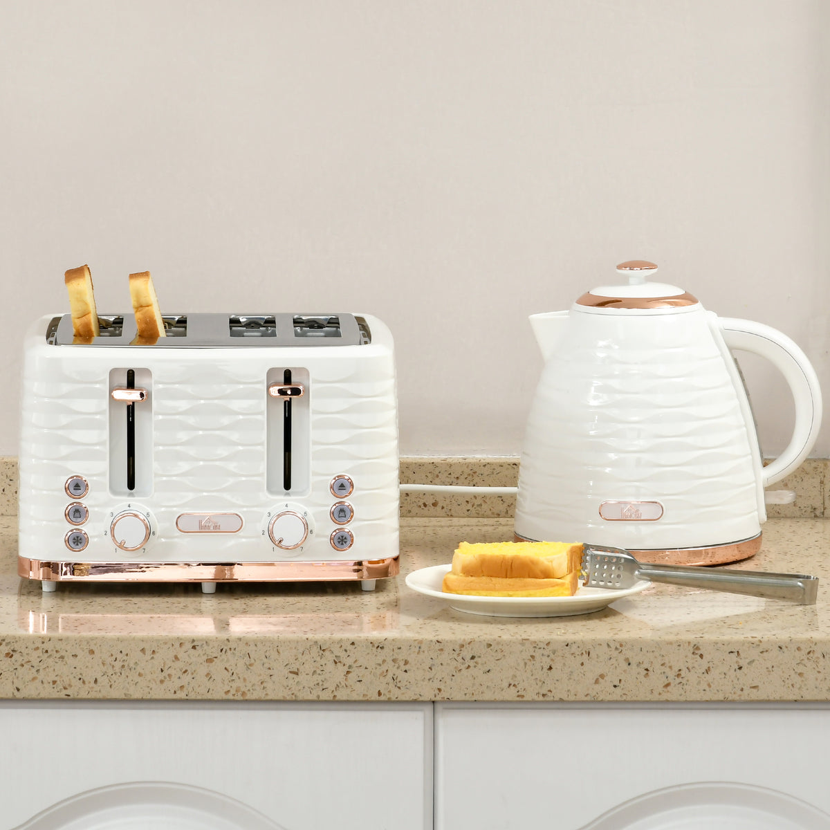 HOMCOM Kettle and Toaster Sets, 3000W 1.7L Rapid Boil Kettle & 4 Slice Toaster with 7 Browning Controls, Defrost, Reheat and Crumb Tray, UK Otter thermostat, Cream White