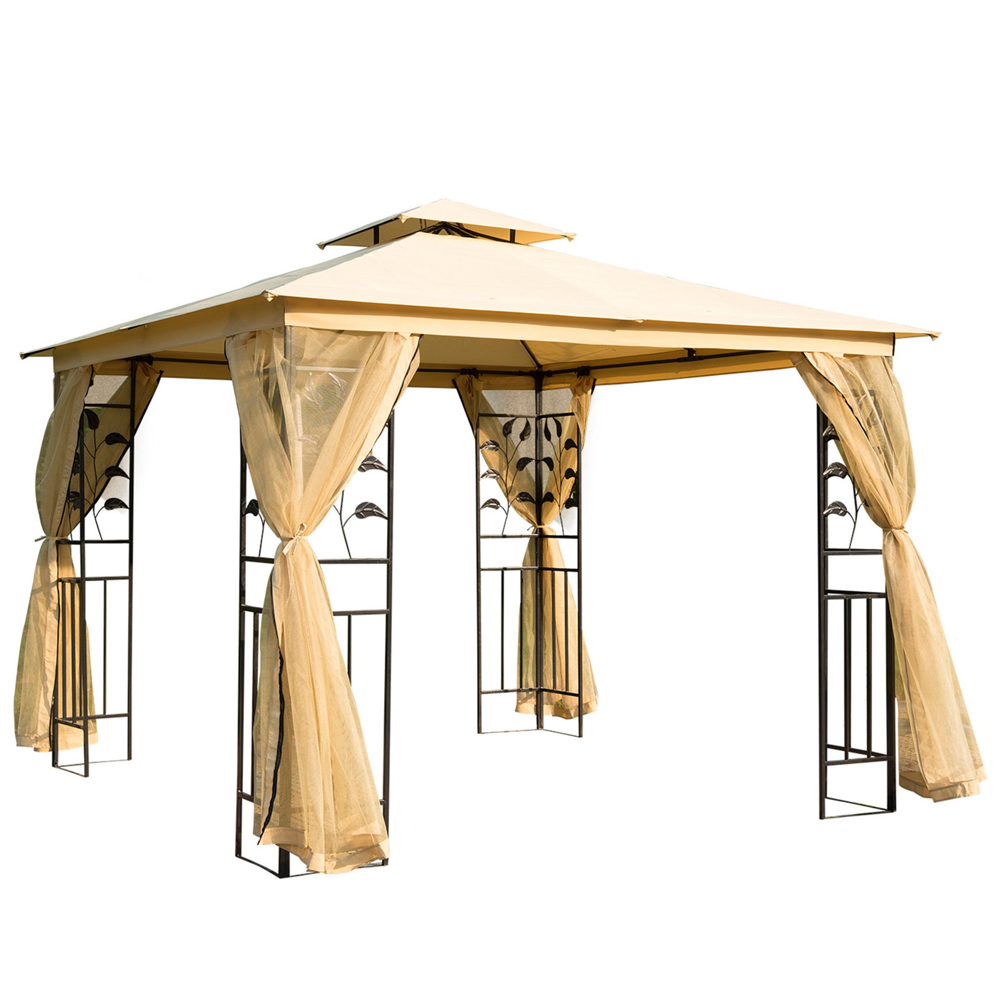 Photo of Outsunny 3(m) x 3(m) Garden Gazebo, Double Roof Outdoor Gazebo Canopy Shelter with Netting, Solid Steel Frame, for Garden, Lawn and Deck, Beige in Beige colour on a white background