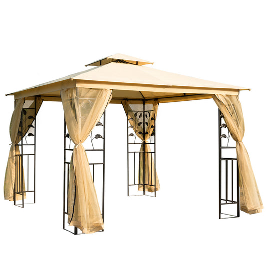 Photo of Outsunny 3(m) x 3(m) Garden Gazebo, Double Roof Outdoor Gazebo Canopy Shelter with Netting, Solid Steel Frame, for Garden, Lawn and Deck, Beige in Beige colour on a white background