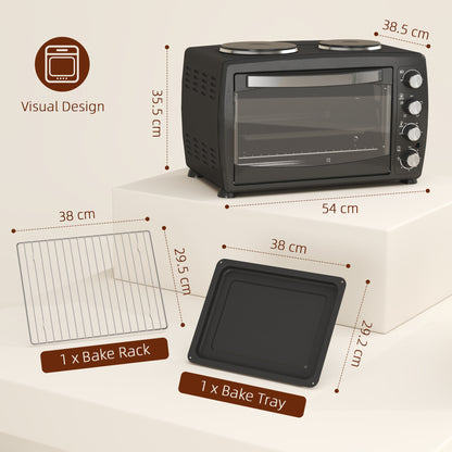 HOMCOM countertop oven with two hot plates, baking rack and tray; oven measures 54 cm wide