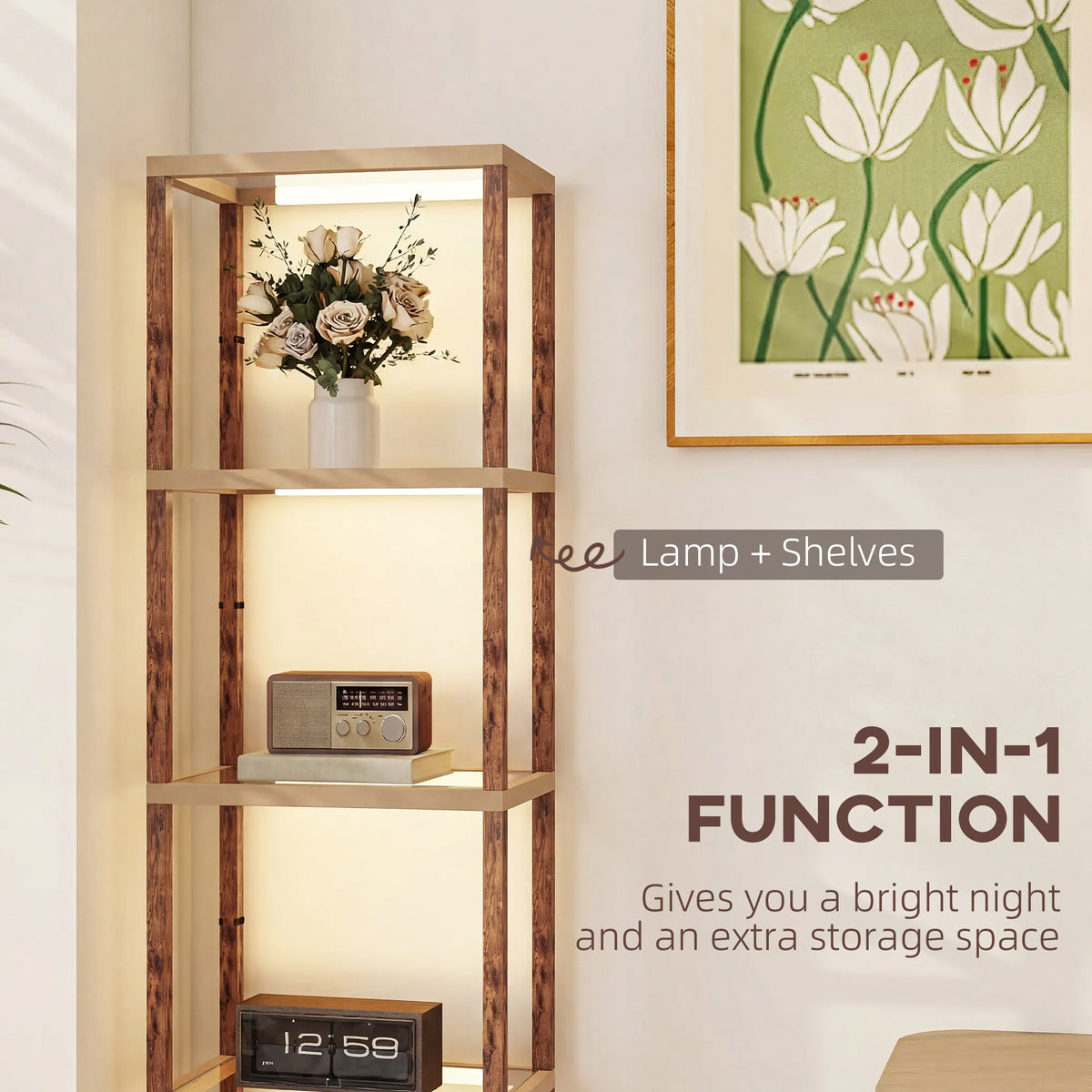 HOMCOM Four-Shelf Floor Lamp - Rustic Brown