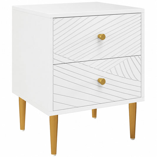 White two-drawer bedside table with carved diagonal fronts and gold-tone knobs and legs