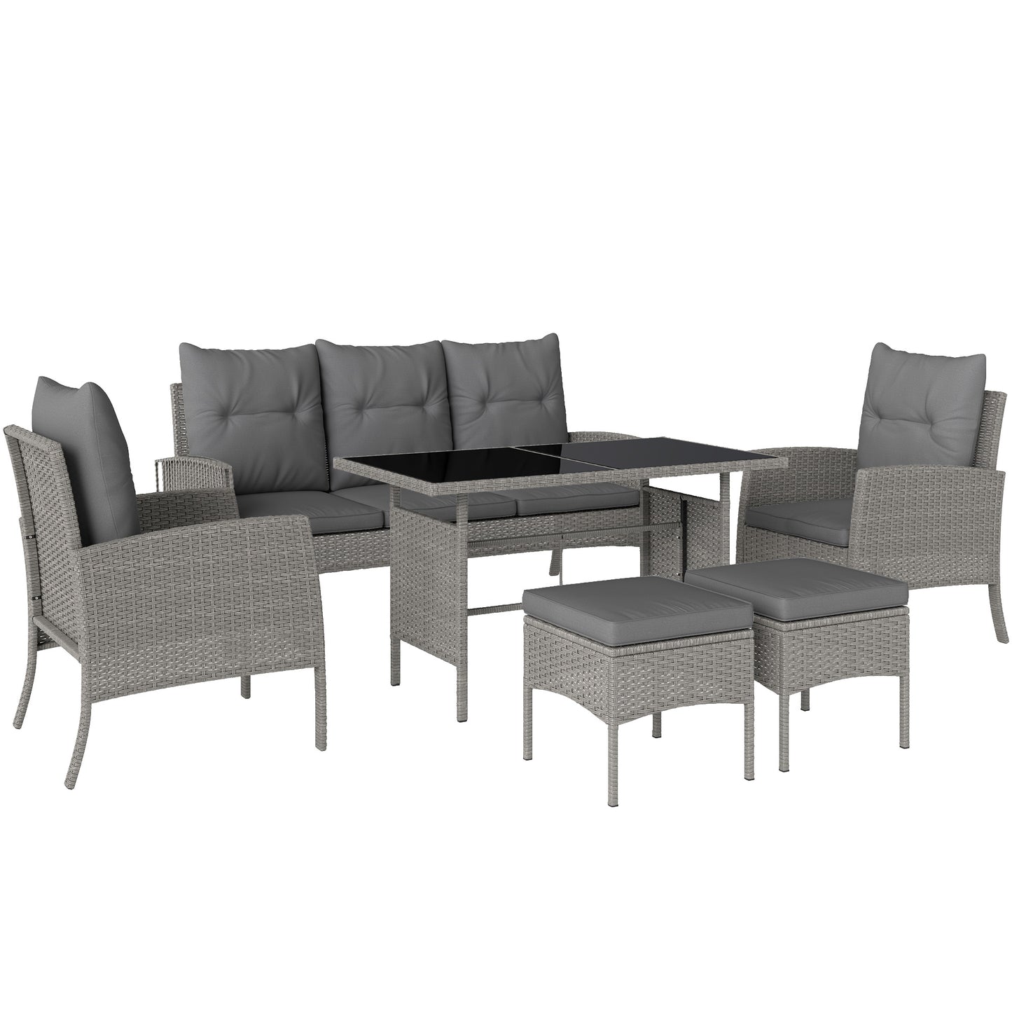 Photo of Outsunny 7 Seater Rattan Garden Furniture Set, 6 Piece Patio Dining Set, Armchairs, 3-Seater Sofa, Footstools, Glass Dining Table, Cushions, Wicker Outdoor Furniture for Conservatory Patio, Grey in Grey colour on a white background