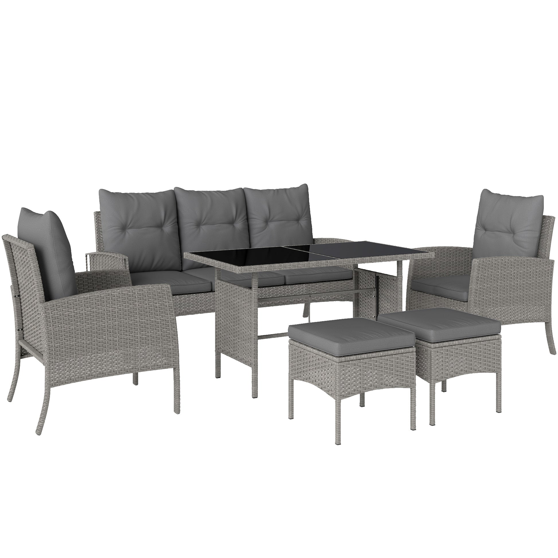 Photo of Outsunny 7 Seater Rattan Garden Furniture Set, 6 Piece Patio Dining Set, Armchairs, 3-Seater Sofa, Footstools, Glass Dining Table, Cushions, Wicker Outdoor Furniture for Conservatory Patio, Grey in Grey colour on a white background