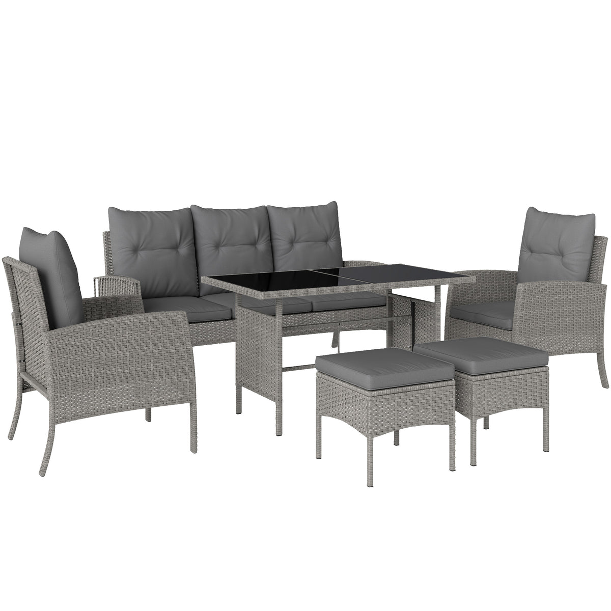 Photo of Outsunny 7 Seater Rattan Garden Furniture Set, 6 Piece Patio Dining Set, Armchairs, 3-Seater Sofa, Footstools, Glass Dining Table, Cushions, Wicker Outdoor Furniture for Conservatory Patio, Grey in Grey colour on a white background