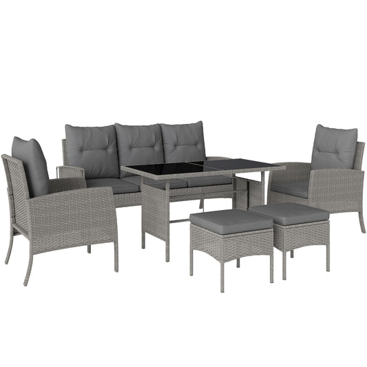 Photo of Outsunny 7 Seater Rattan Garden Furniture Set, 6 Piece Patio Dining Set, Armchairs, 3-Seater Sofa, Footstools, Glass Dining Table, Cushions, Wicker Outdoor Furniture for Conservatory Patio, Grey in Grey colour on a white background