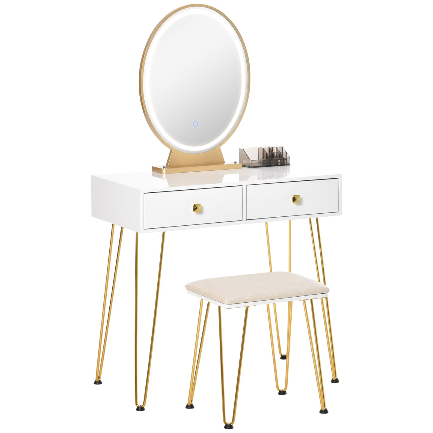 Photo of HOMCOM Dressing Table with LED Mirror and Cushioned Stool, Vanity Desk with Acrylic Lipstick Holder and 2 Drawers, Makeup Table for Bedroom, White in White colour on a white background