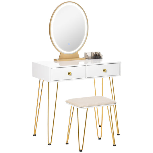 Photo of HOMCOM Dressing Table with LED Mirror and Cushioned Stool, Vanity Desk with Acrylic Lipstick Holder and 2 Drawers, Makeup Table for Bedroom, White in White colour on a white background