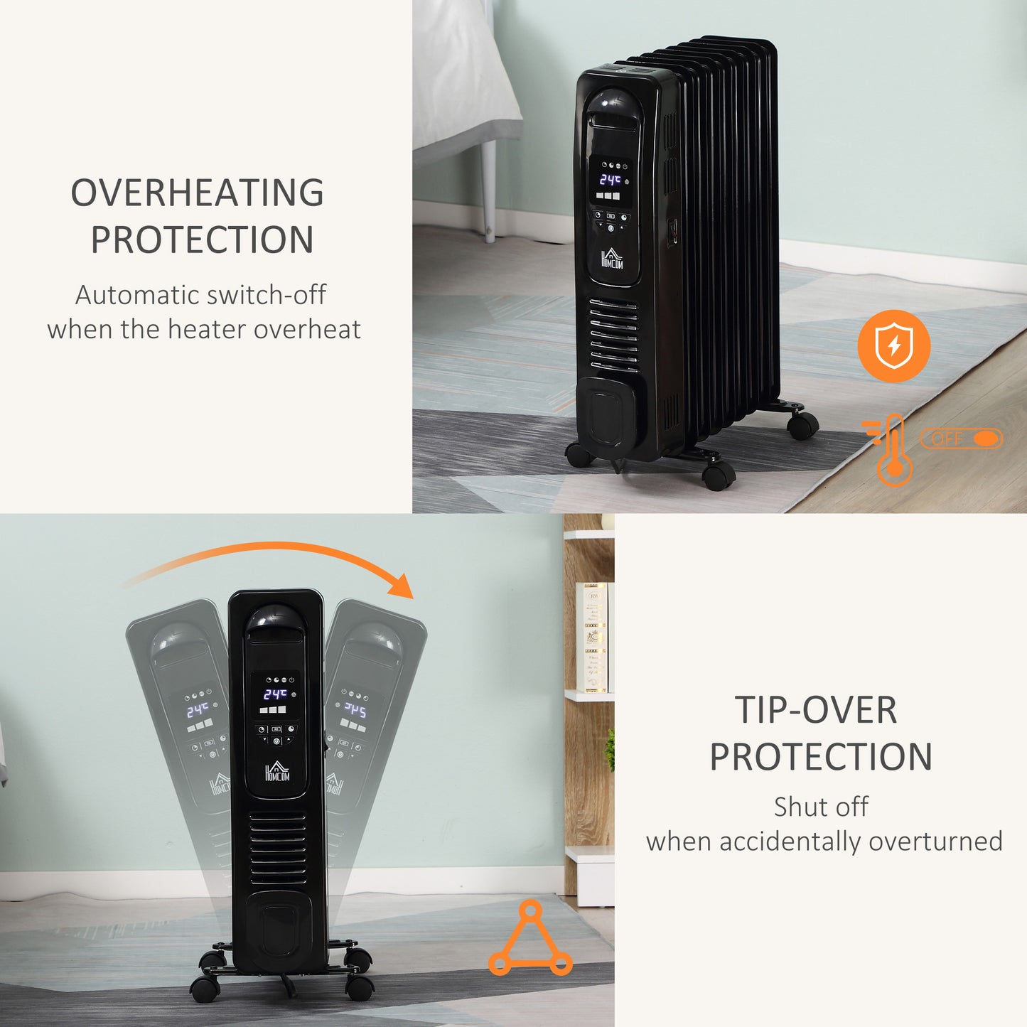 HOMCOM 2000W Digital Oil Filled Radiator, 9 Fin, Portable Electric Heater with LED Display, 24-Hour Timer, 3 Heat Settings, Safety Cut-Off and Remote Control, Black