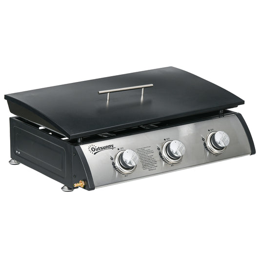 Photo of Outsunny 3 Burner Gas Plancha BBQ Grill with Lid, Black in Black colour on a white background