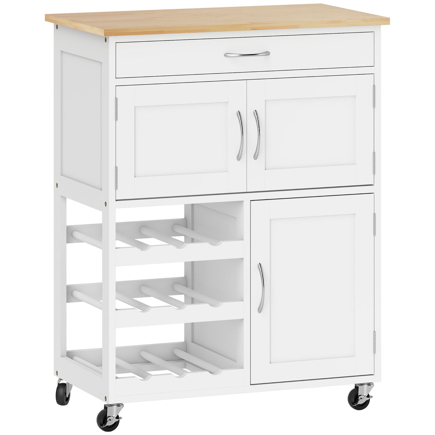Photo of HOMCOM Modern Kitchen Trolley, Rolling Island Storage Cart with Drawer, 9-bottle Wine Rack, Door Cabinets, Wooden Countertop, White in White colour on a white background