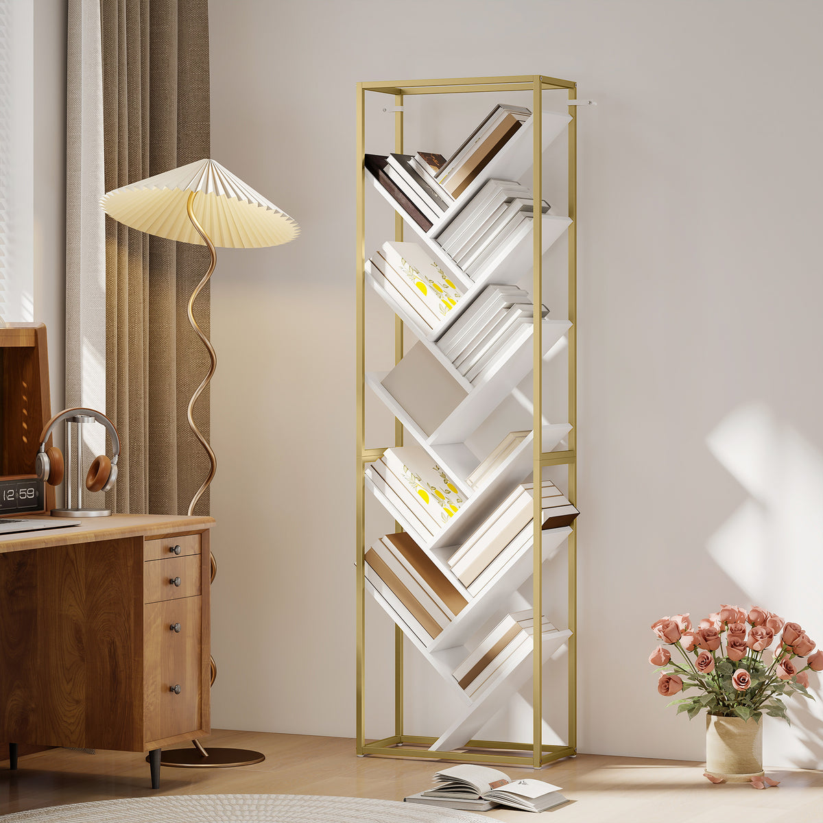 HOMCOM 10 Shelf Modern-Style Bookshelf - Gold Tone/White
