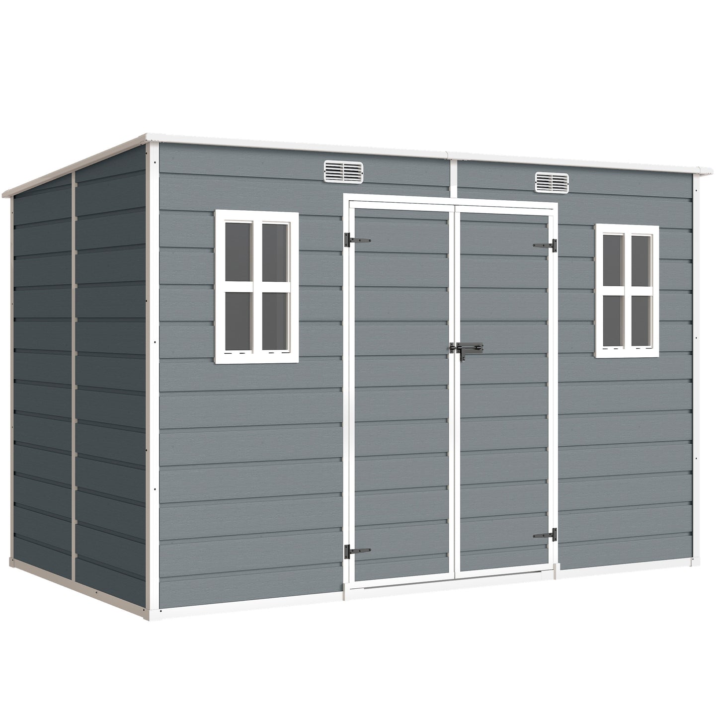 Photo of Outsunny 10 x 6 ft Resin Garden Shed, Outdoor Storage Shed with Floor, Windows, Lockable Doors and Vents, Grey in Grey colour on a white background