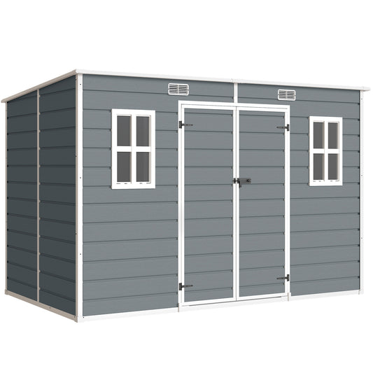 Photo of Outsunny 10 x 6 ft Resin Garden Shed, Outdoor Storage Shed with Floor, Windows, Lockable Doors and Vents, Grey in Grey colour on a white background