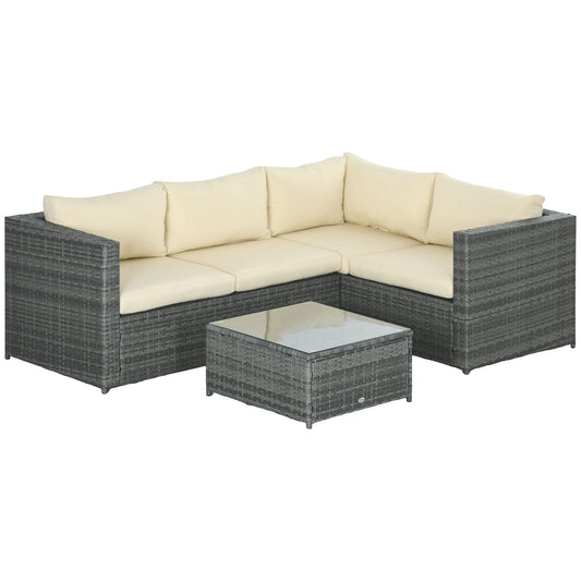 Photo of Outsunny 3 Pieces PE Rattan Garden Furniture Set with 10 cm Thick Cushions, 4 Seater Garden Corner Sofa Set with Glass Top Coffee Table, Outdoor Furniture for Patio, Porch, Beige in Beige colour on a white background