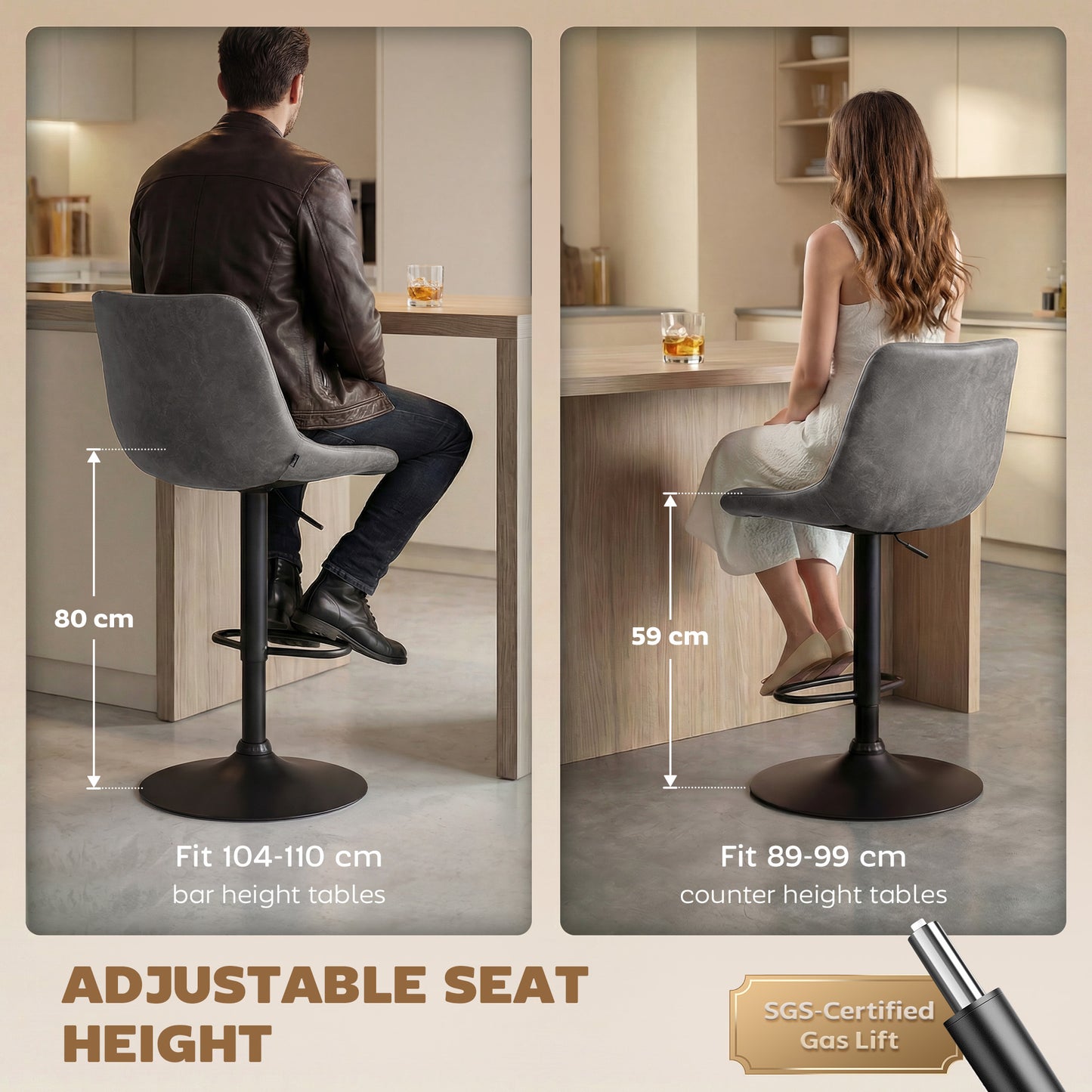HOMCOM Breakfast Bar Stools Set of 2, 59-80cm Sitting Hight Leather Upholstered Bar Chairs - Grey