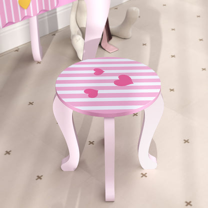 Close-up of the vanity stool with pink striped seat, heart motifs and curved legs