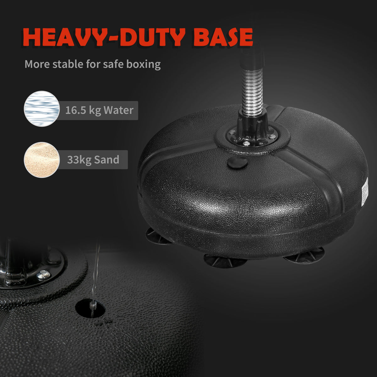 HOMCOM punching bag stand's heavy-duty black base, fill port, and spring mount