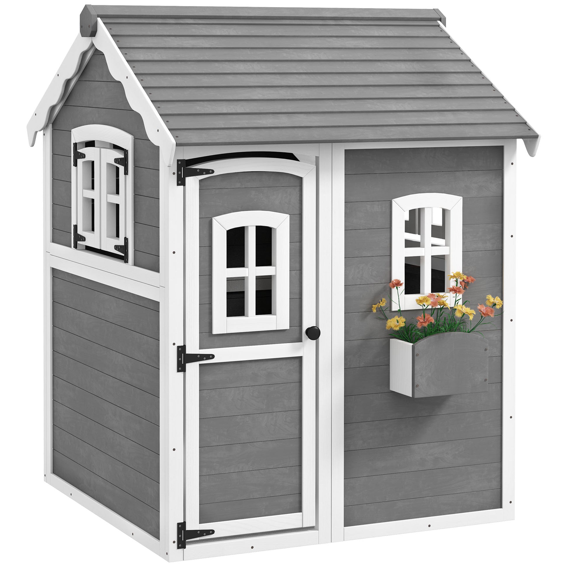 Photo of Outsunny Wooden Playhouse for Kids with Doors, Windows, Plant Box, Floors, for Ages 3-8 Years, for Gardens, Lawns, Patios - Grey in Grey colour on a white background