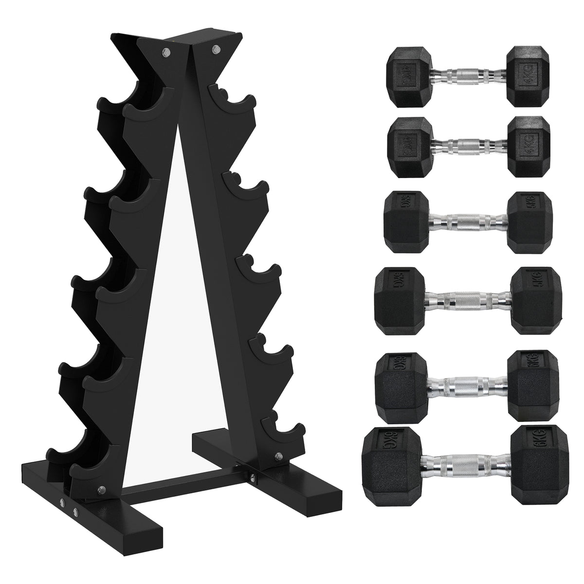 Photo of SPORTNOW 5-Tier Dumbbell Rack with 6 Hexagonal Rubber Dumbbells (2x4kg, 2x5kg, 2x6kg), Dumbbell Storage Stand Holder with Weights Sets for Home Gym Fitness, Black in Black colour on a white background